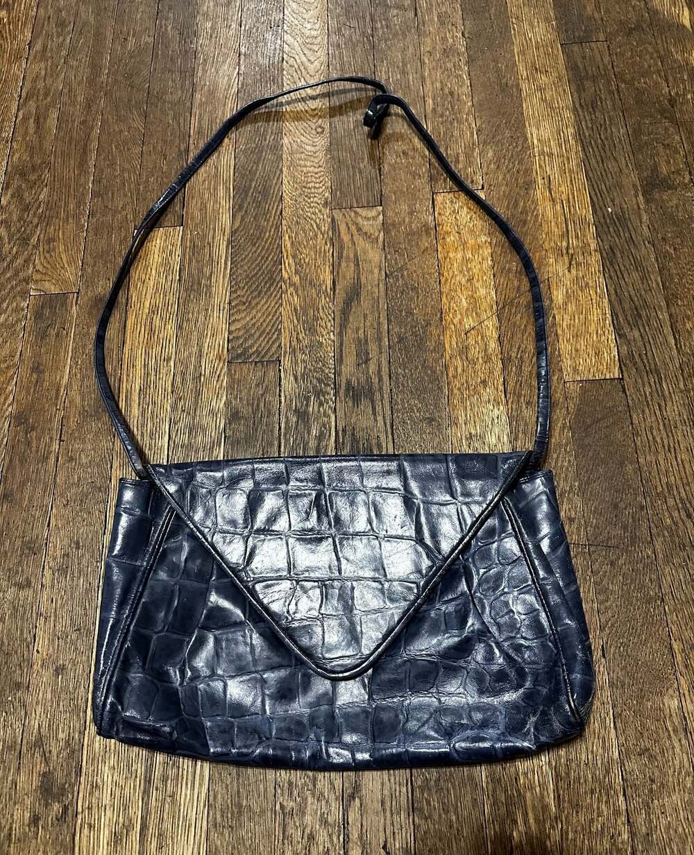 Vintage Susan Gail Navy Blue Croc Embossed Leather Envelope Crossbody Bag